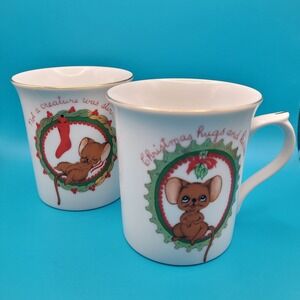 George Good Merry Christmas Mouse Mug Set Vintage JAPAN Collectible Gold Trim